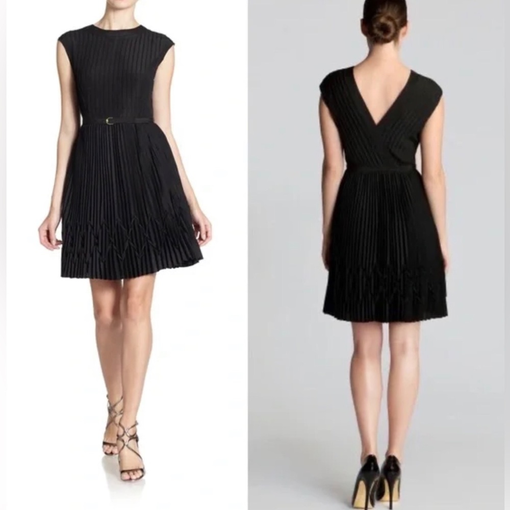 Ted Baker - V Back Pleated Fit And Flare Black Belted Dress